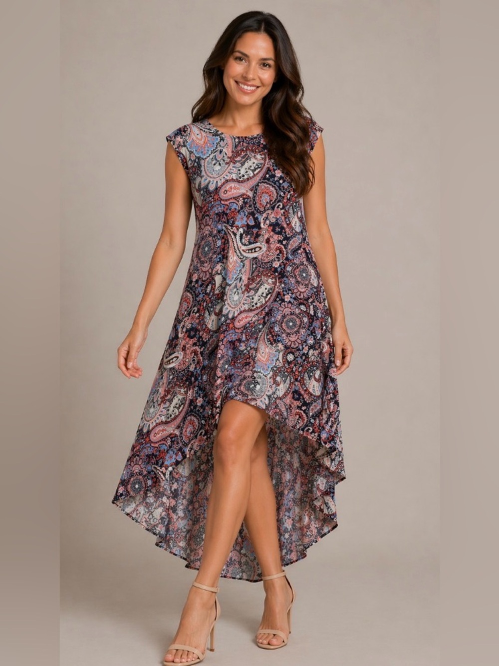 Asymmetrical Paisley Print Dress in Pink and Blue